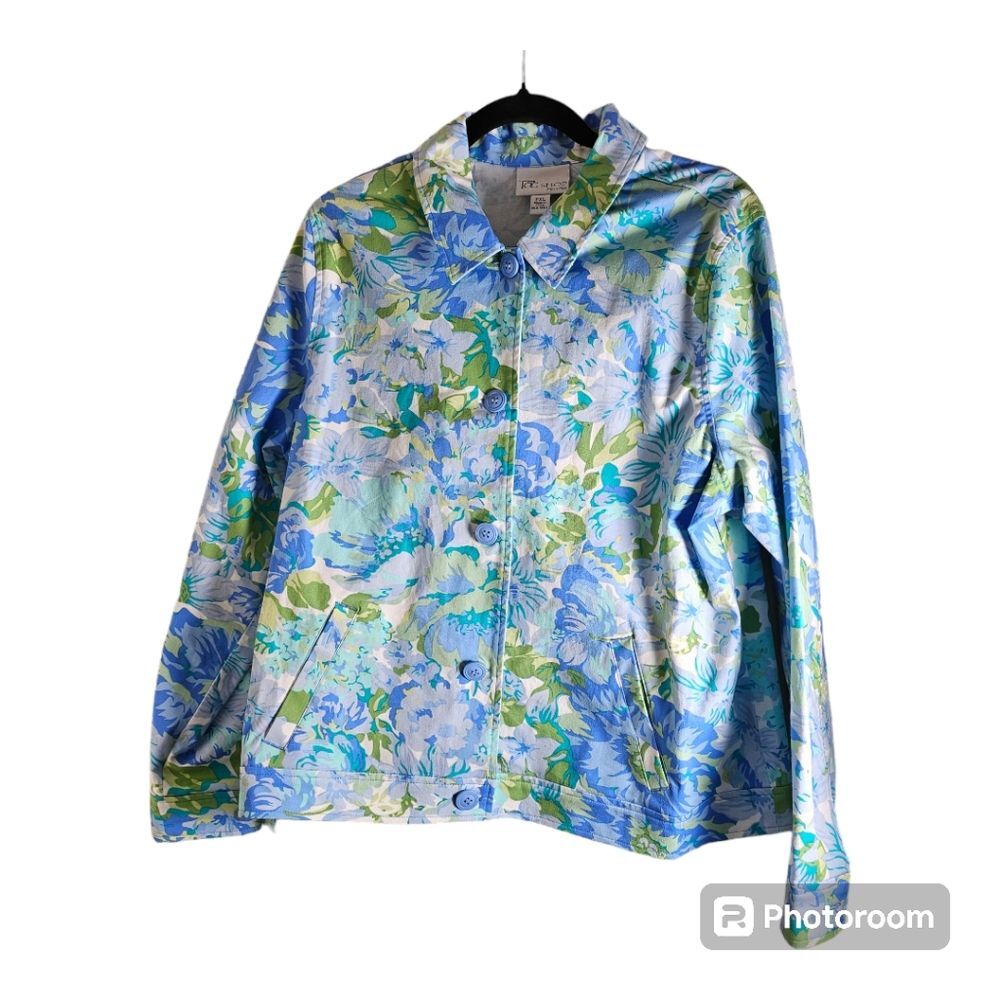 The Tog Shop Blue Green Floral Jacket Petite Button Front Pockets Women Size XL